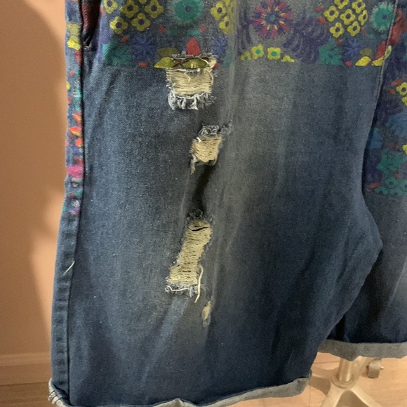 Flygo Women's Floral Printed Wide Leg Distressed Bib Denim Overalls Jumpsuits - Picture 10 of 16